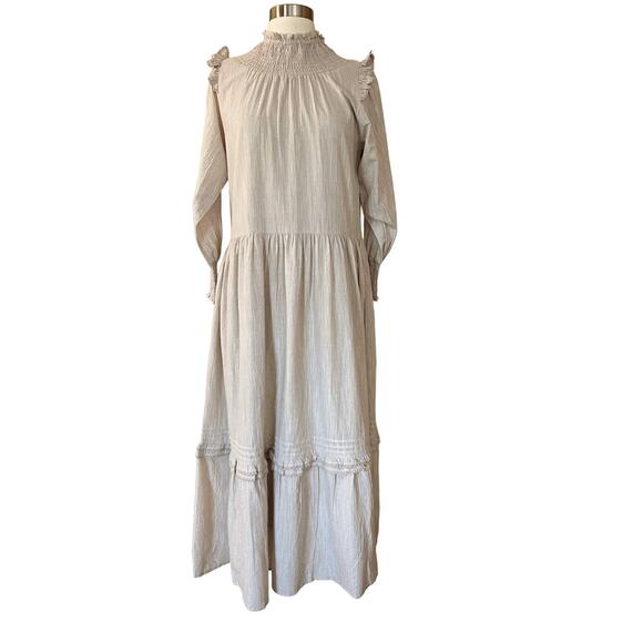 ROLLER RABBIT Maxi Dress Delfia Beige Ruffle Trim High Neck Long Sleeves Small - Picture 5 of 11